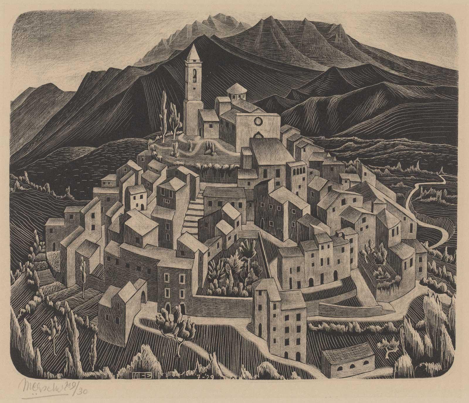 M.C. Escher, Goriano Sicoli, Abruzzi, litho, juli 1929
