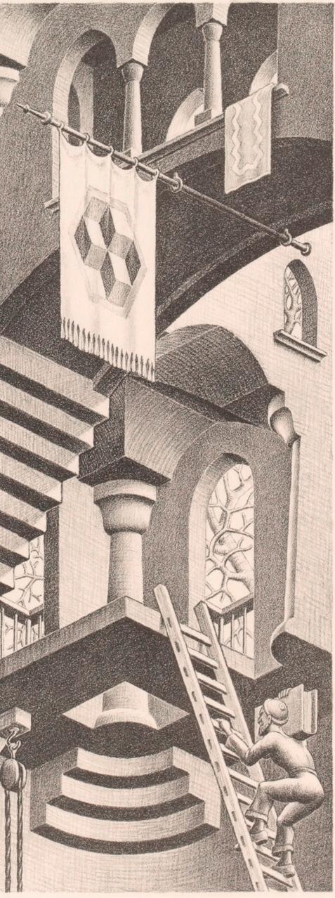 M.C. Escher, Hol en bol, litho, maart 1955 (rechts)