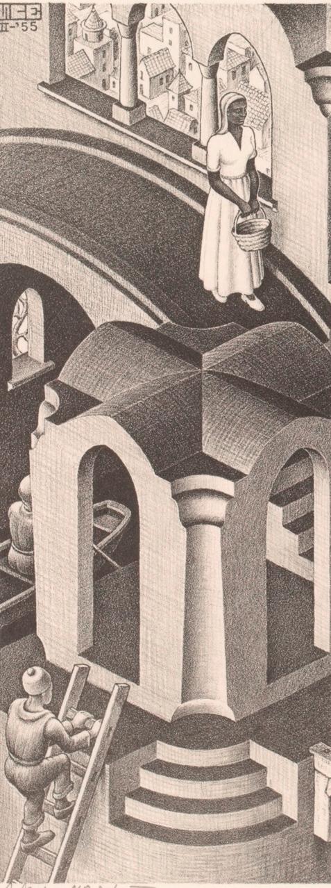 M.C. Escher, Hol en bol, litho, maart 1955 (links)