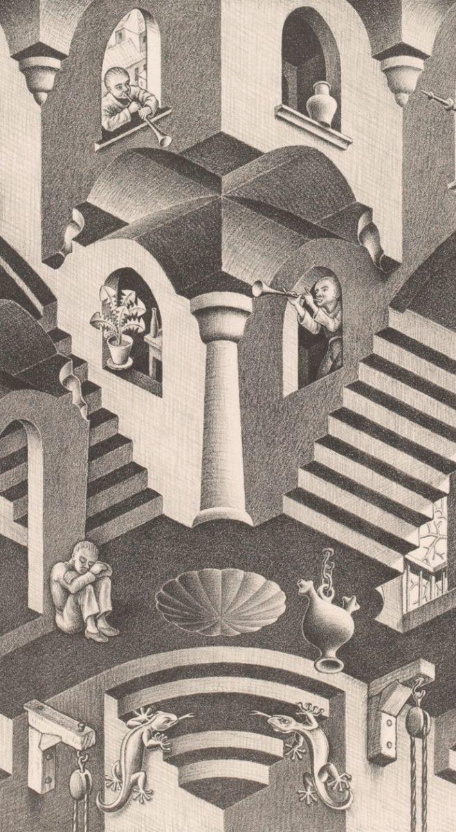 M.C. Escher, Hol en bol, litho, maart 1955 (middendeel)