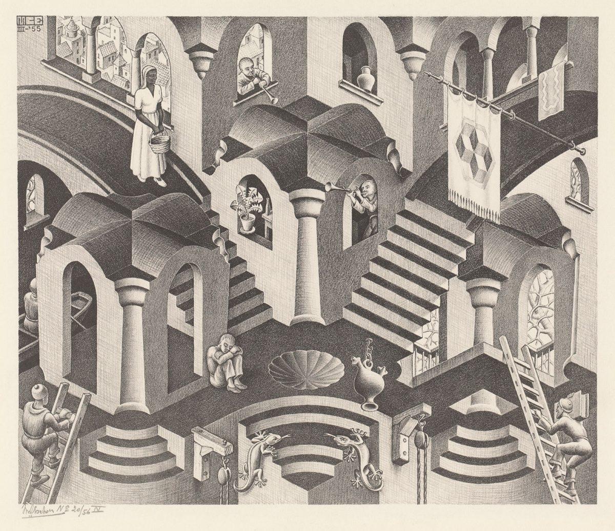 M.C. Escher, Hol en bol, litho, maart 1955