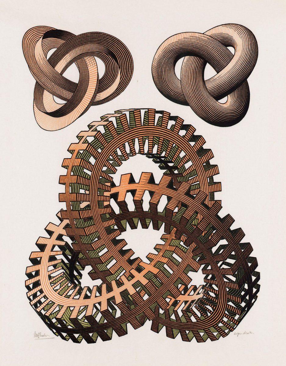 M.C. Escher, Knopen, houtsnede in zwart, groen en bruin, gedrukt van drie blokken, augustus 1965