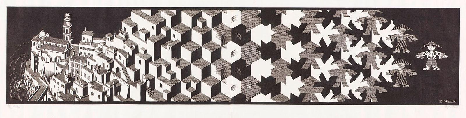 M.C. Escher, Metamorphose I, houtsnede, gedrukt op twee bladen, mei 1937