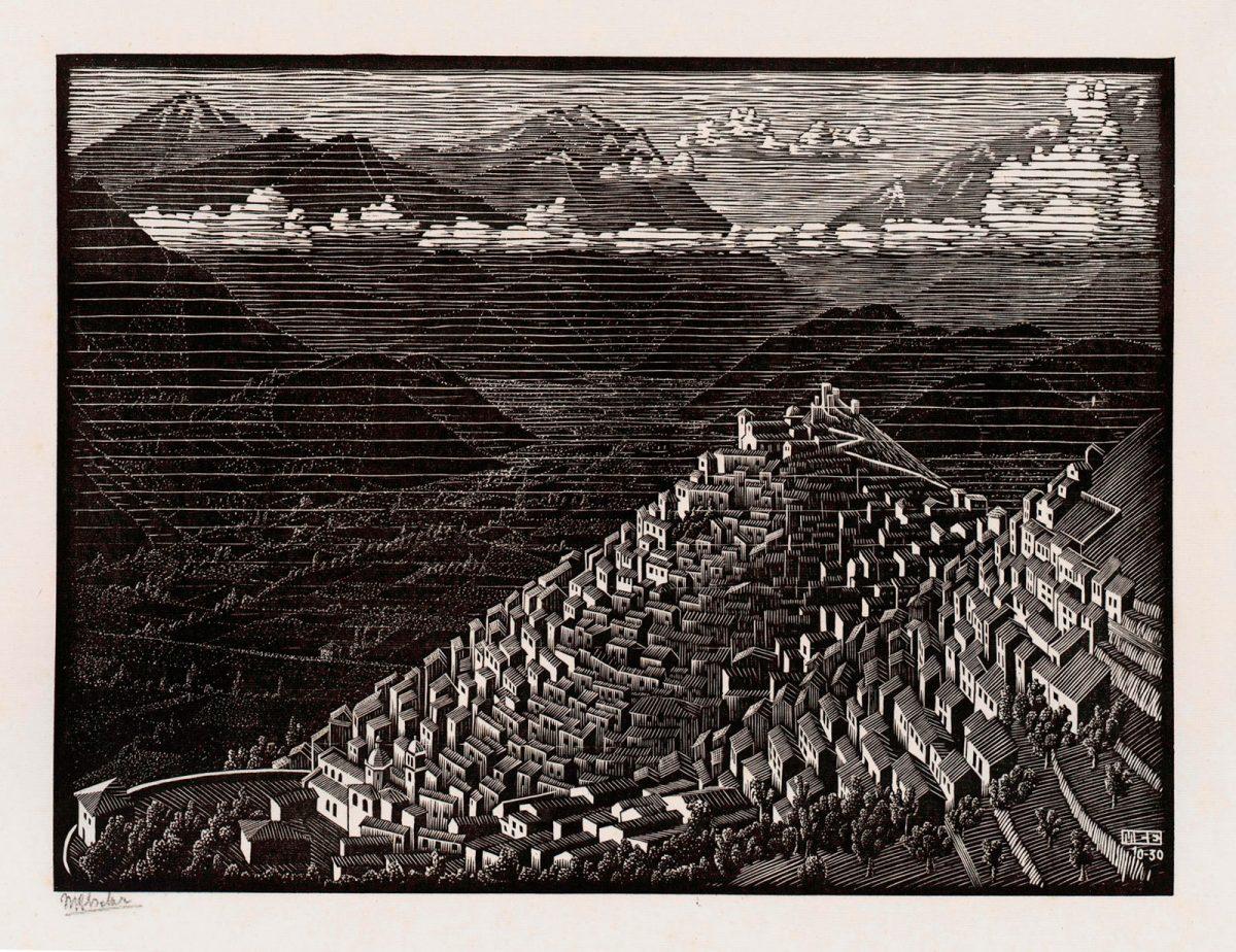 M.C. Escher, Morano, Calabrië, houtsnede, oktober 1930