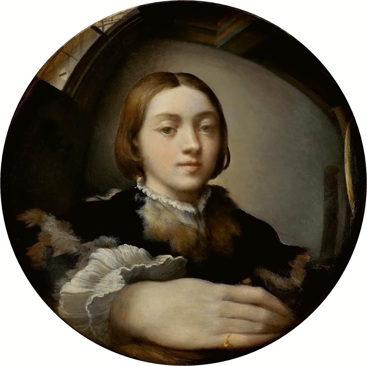 Parmigianino, Zelfportret in een convexe spiegel, olieverf op paneel, 1524. Collectie Kunsthistorisches Museum, Wenen