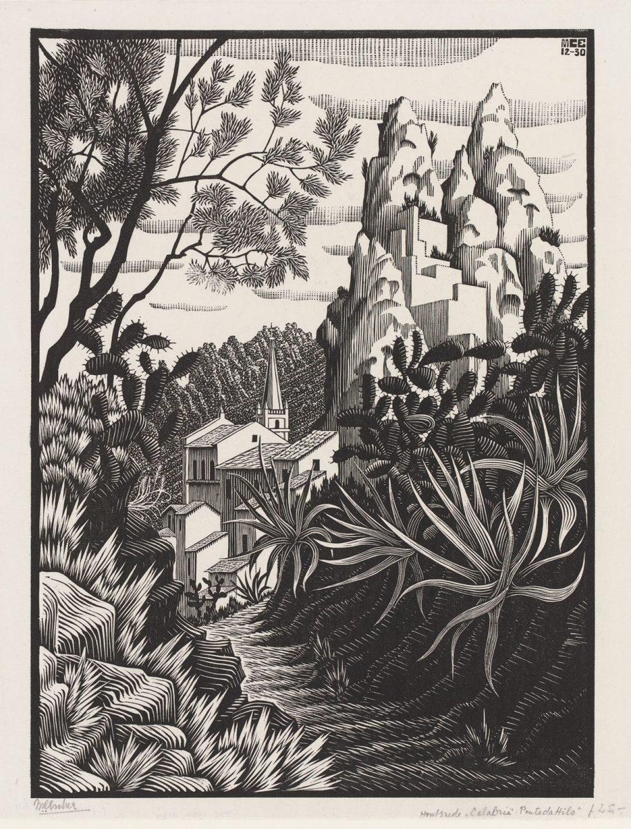 M.C. Escher, Pentedatillo, Calabria, houtsnede, december 1930