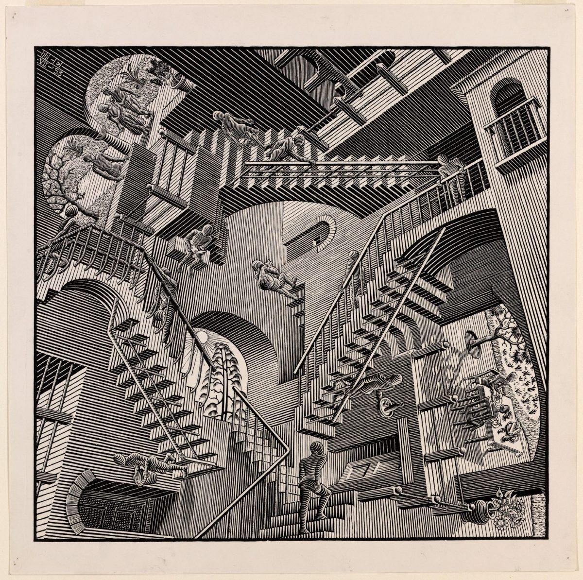 M.C. Escher, Relativiteit, houtsnede, juli 1953
