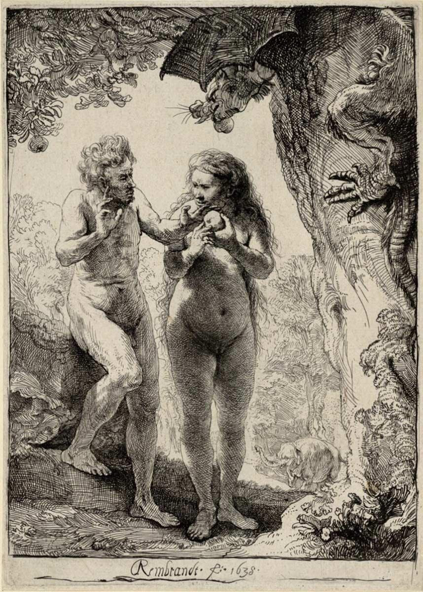 Rembrandt Harmensz. van Rijn, Adam en Eva, ets, 1638. Collectie Rijksmuseum, Amsterdam