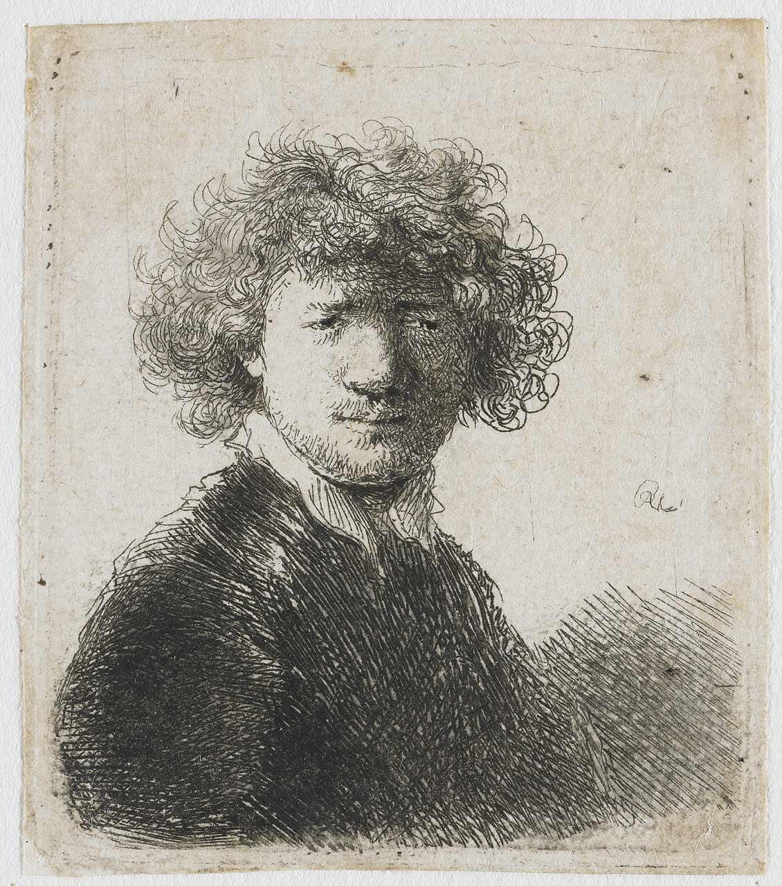 Rembrandt Harmensz. van Rijn, Zelfportret met krullend haar en witte kraag, ets, ca. 1630. Collectie Rijksmuseum, Amsterdam.