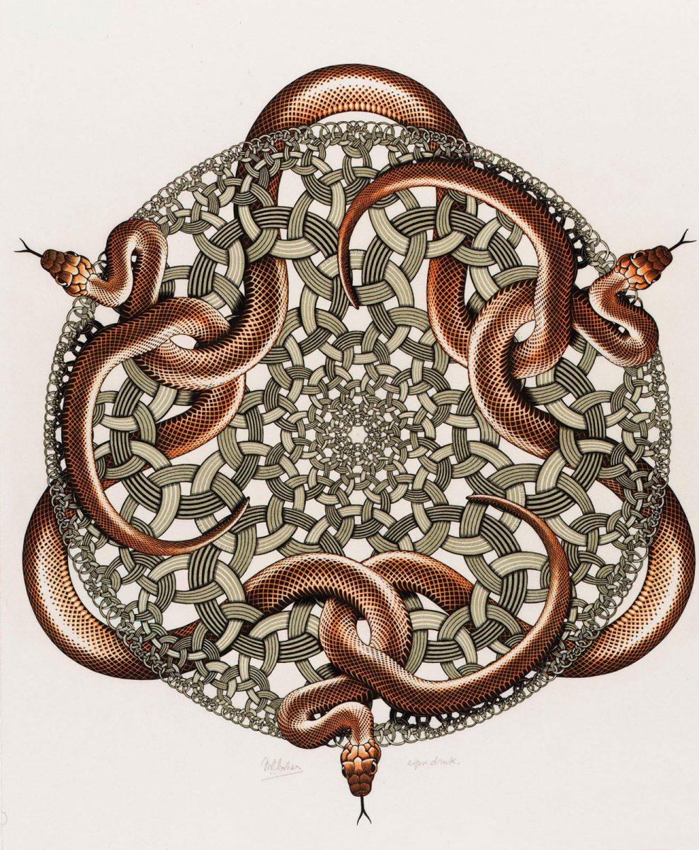 M.C. Escher, Ringslangen, houtsnede in oranje, groen en zwart, gedrukt van drie blokken, juli 1969