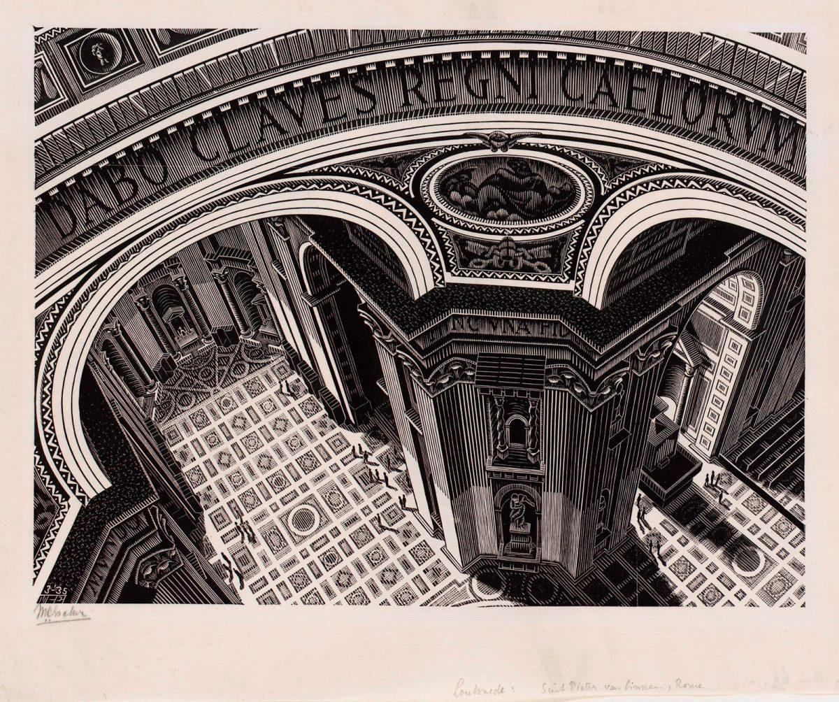 M.C. Escher, Sint Pieter van binnen, houtgravure, maart 1935