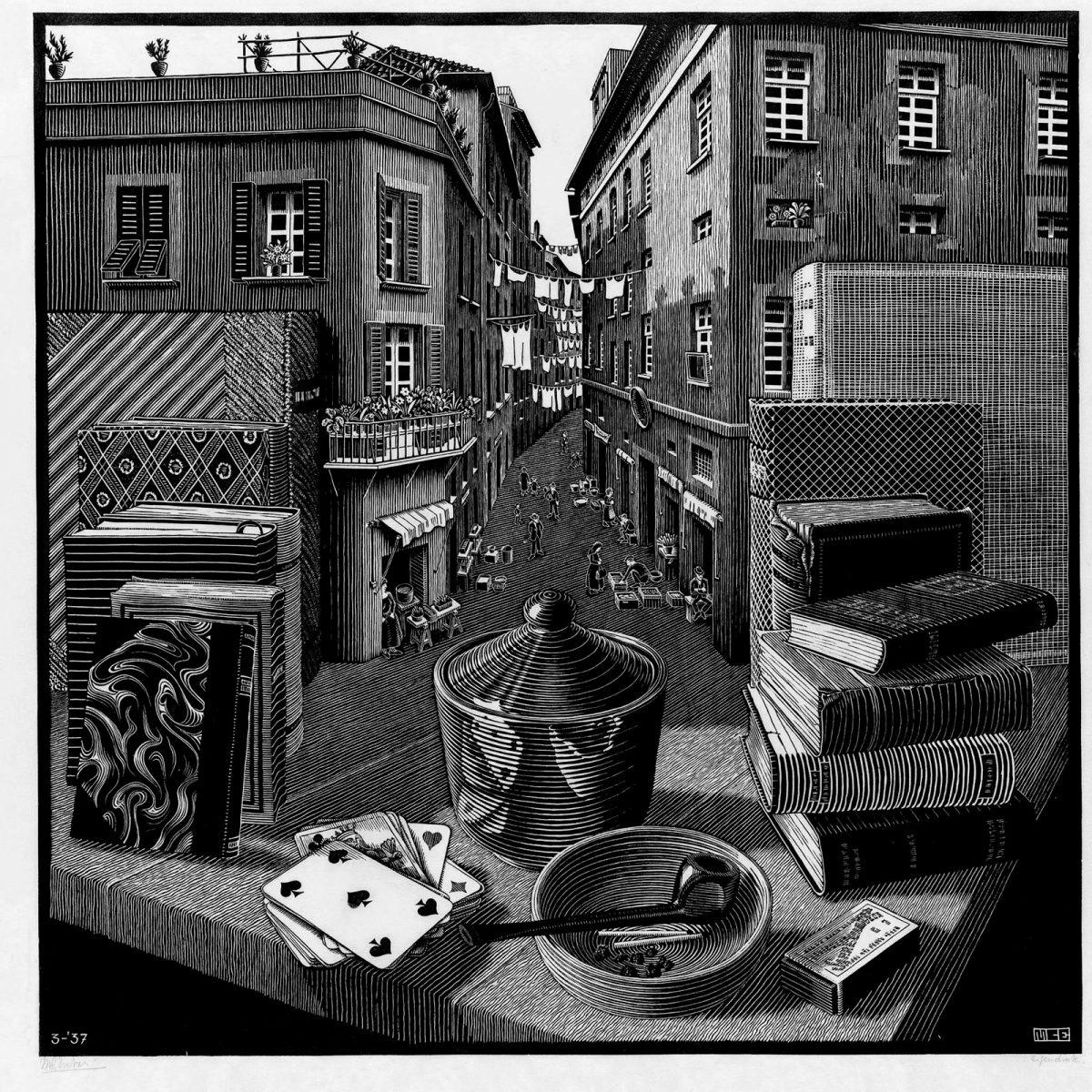 M.C. Escher, Stilleven en straat, houtsnede, maart 1937