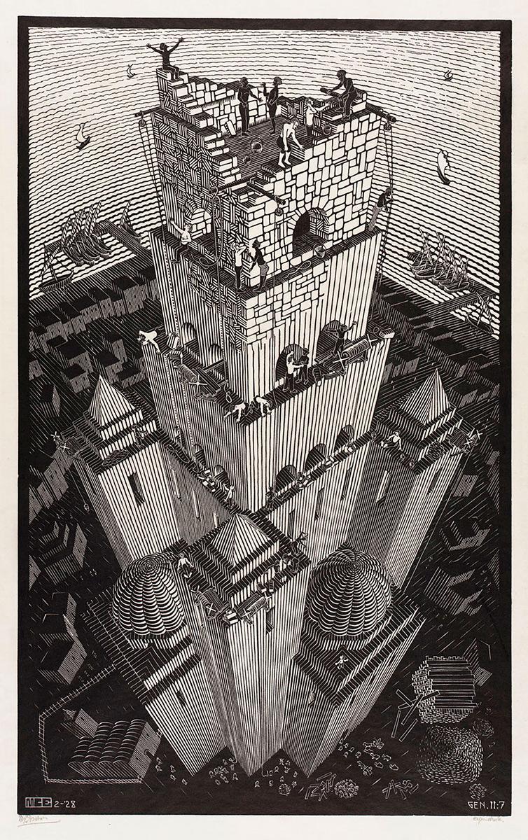 M.C. Escher, Toren van Babel, houtsnede, februari 1928
