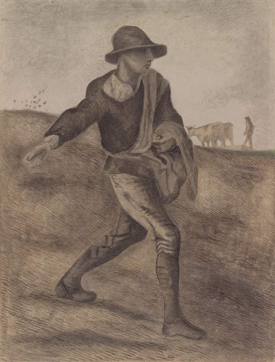 Vincent van Gogh, De zaaier (naar Millet), potlood, pen en penseel in inkt met waterverf op papier, april 1881. Collectie Van Gogh Museum, Amsterdam (Vincent van Gogh Stichting)