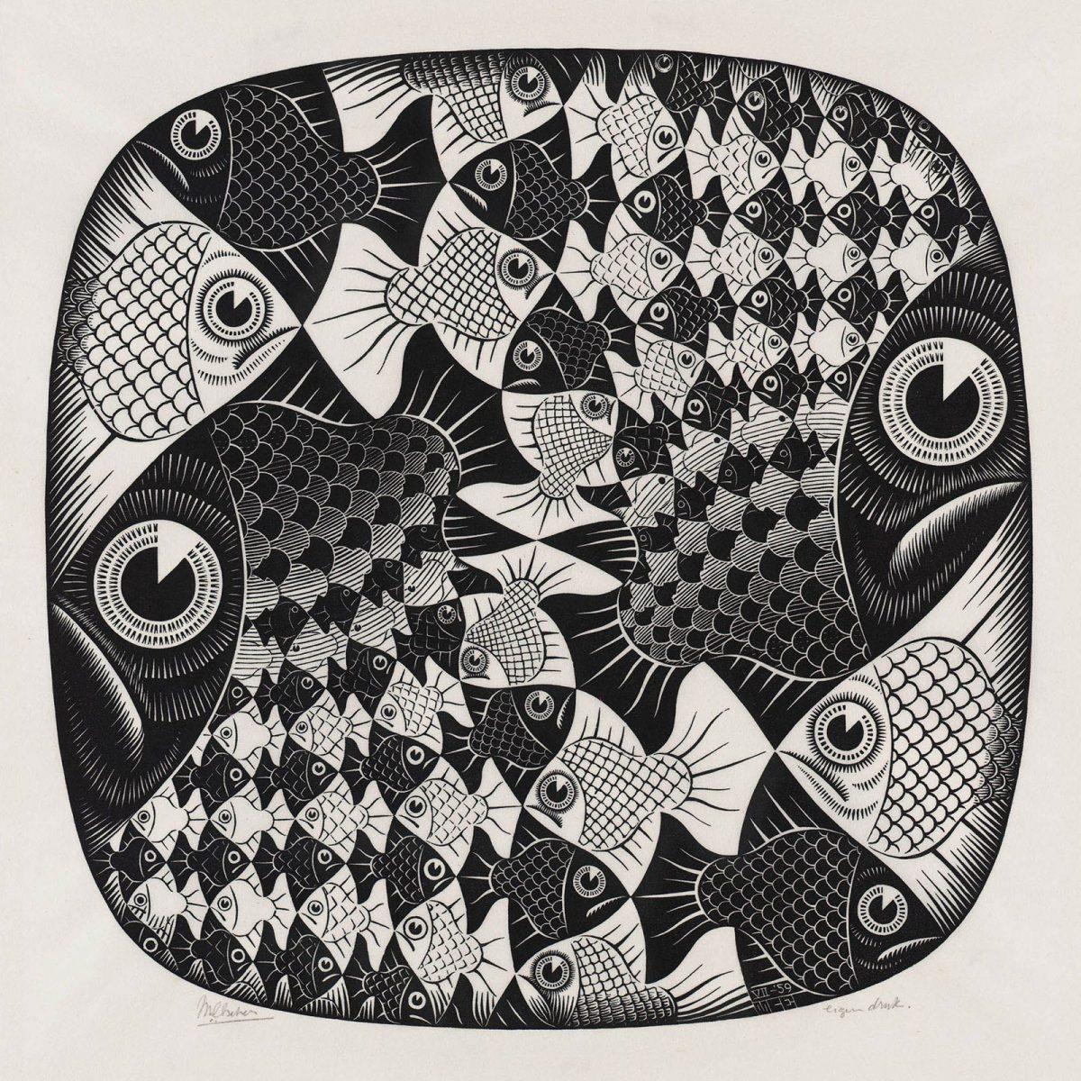 M.C. Escher, Vissen en schubben, houtsnede, juli 1959