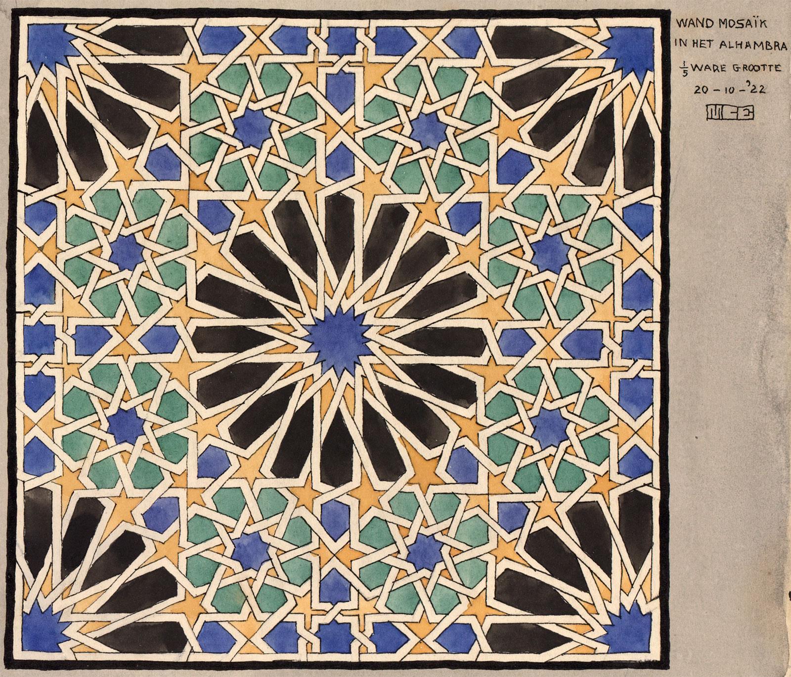 <p>M.C. Escher, Wandmozaïek in het Alhambra, aquarelverf en inkt, 20 oktober 1922</p>