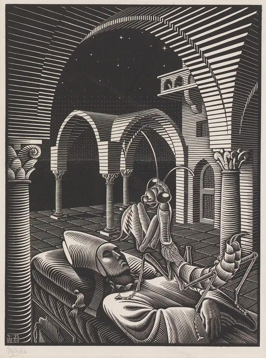 <p>M.C. Escher, Droom (Mantis Religiosa), houtgravure, april 1935</p>