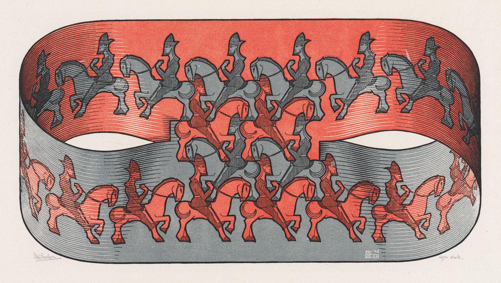 <p>M.C. Escher, Ruiter, houtsnede in rood, zwart en grijs, gedrukt van drie blokken, juli 1946</p>